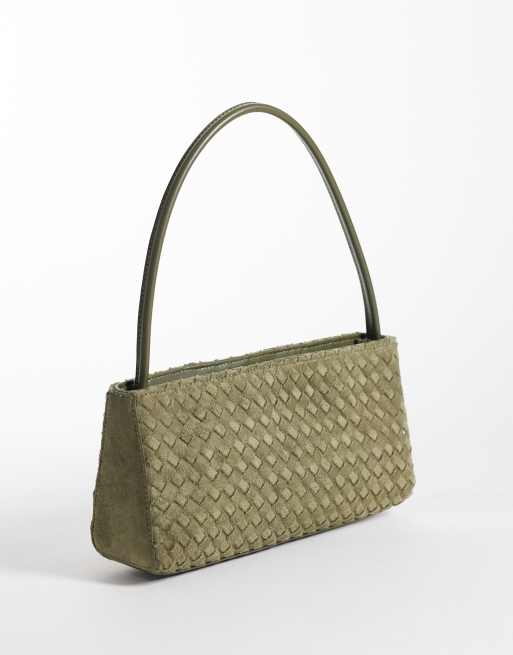 Glamorous 90s woven shoulder bag in olive faux suede , 4 of 4