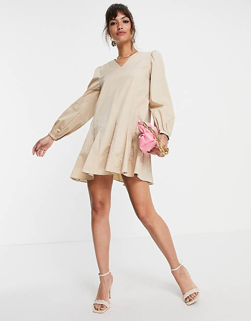 Glamorous a line shift dress with pleated hem in stone