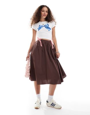 Glamorous a line skirt in brown with pink velvet bow ties