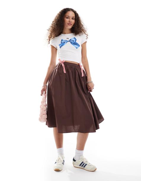 Glamorous a line skirt in brown with pink velvet bow ties - view 1