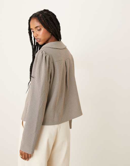 Glamorous - Aangerimpelde cropped jas in pea coat-stijl in bruine pied-de-poule, 2 van 4