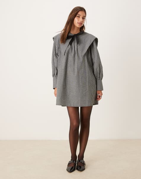 Glamorous - Aangerimpelde geruite mini-jurk met dramatische kraag en strik in zwart en wit - view 1