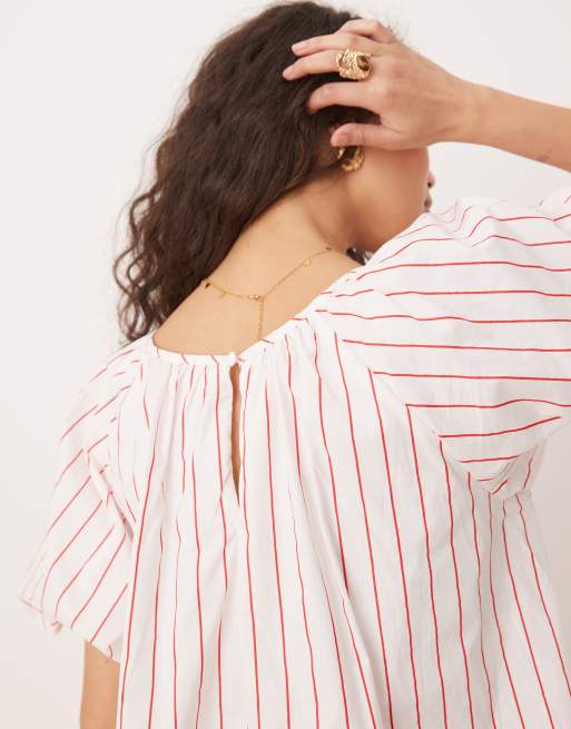 Glamorous - Aangerimpelde gestreepte jurk met pofmouwen in wit en rood, 2 van 4