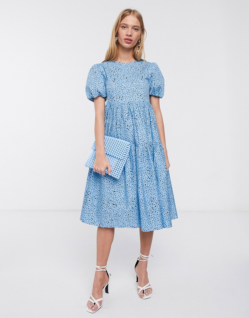 Glamorous - Aangerimpelde midi-jurk met strokenrok, pofmouwen en bloemenprint-Blauw