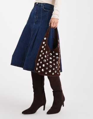 Glamorous Glamorous all over stud faux suede bag in brown