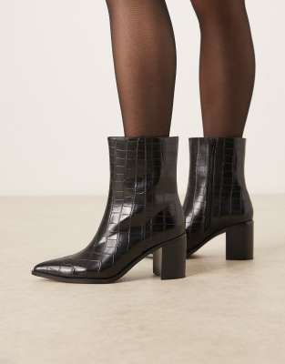 Glamorous - Ankle Boots in Kroko-Schwarz mit spitzer Zehenpartie