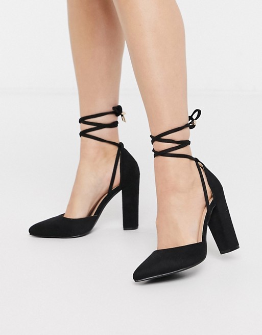 Glamorous ankle tie heeled shoe in black