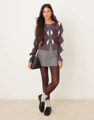 Glamorous Argyle Print Cardigan In Gray