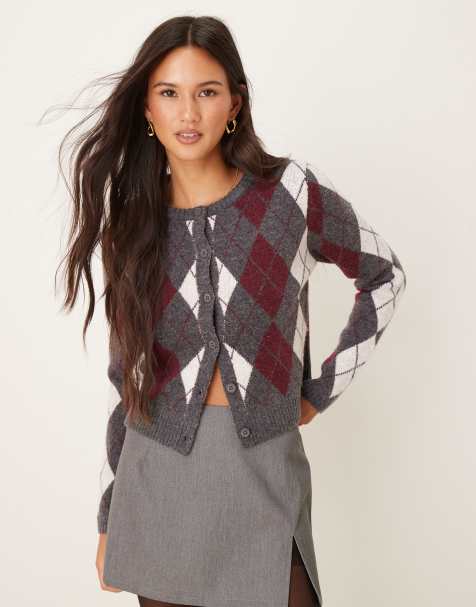 Glamorous argyle print cardigan in grey multi print - view 1