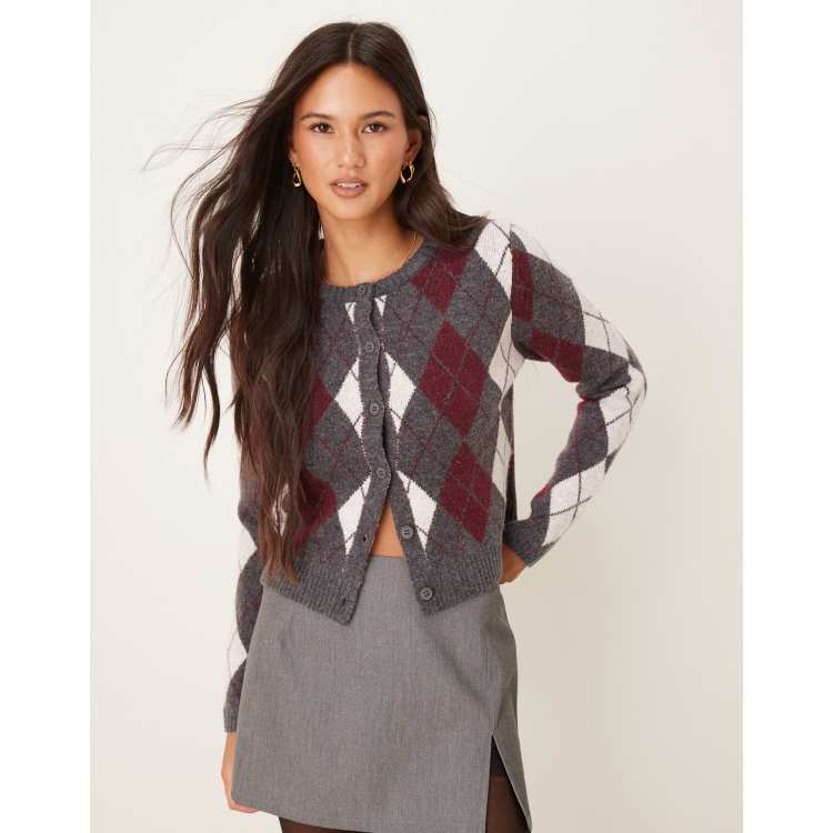 Glamorous argyle print cardigan in grey multi print ASOS