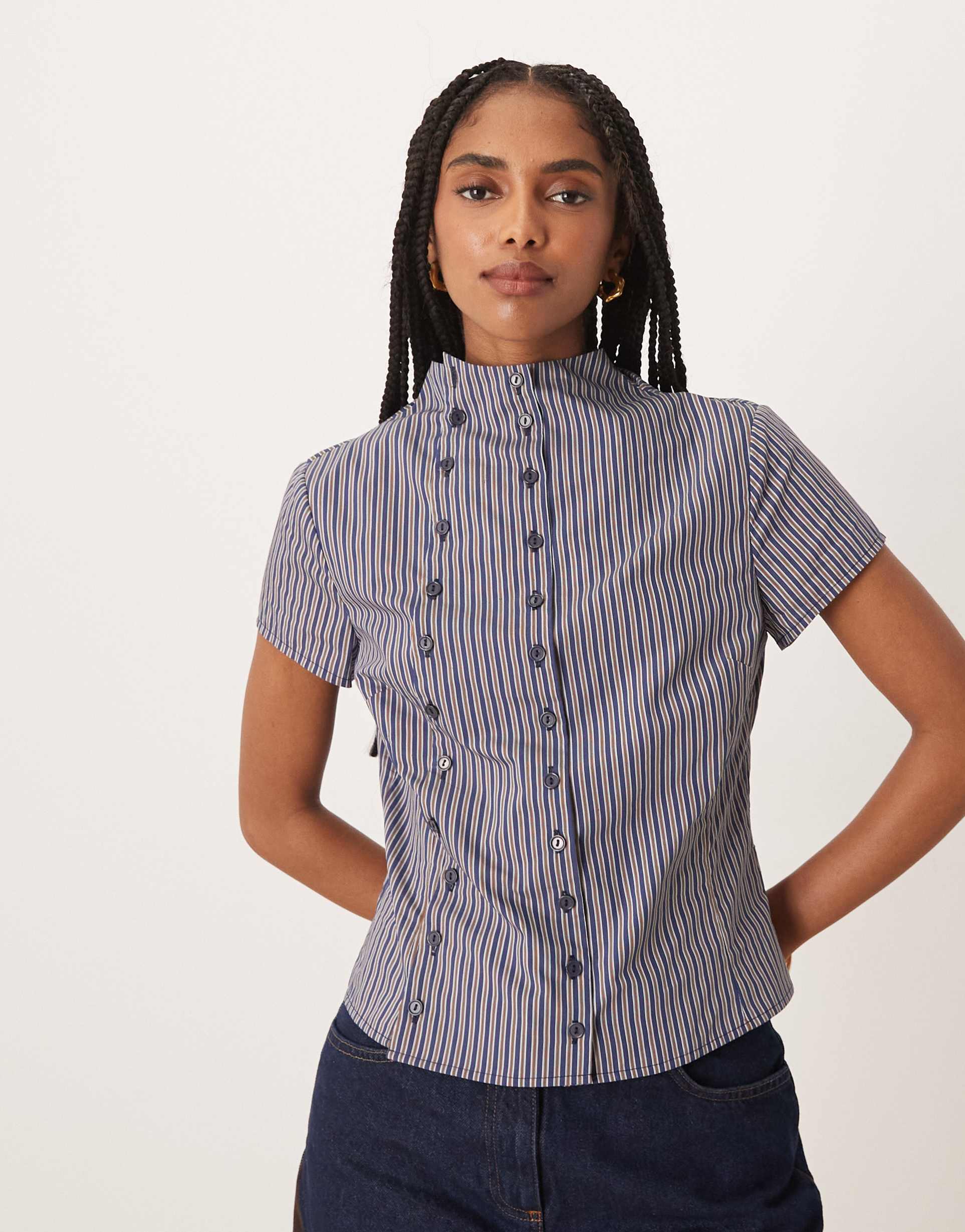 glamorous asymmetric button down fitted blouse in navy/brown stripe