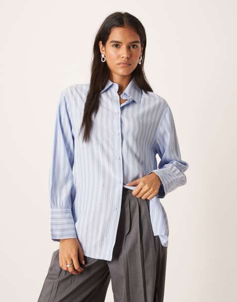 Glamorous asymmetric button fitted shirt in blue stripe - view 1