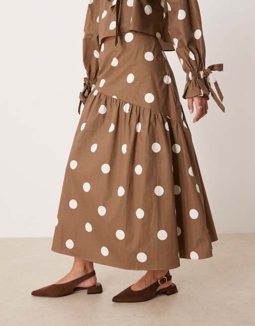 Glamorous asymmetric drop waist midaxi skirt in brown polka dot co-ord, 2 of 5