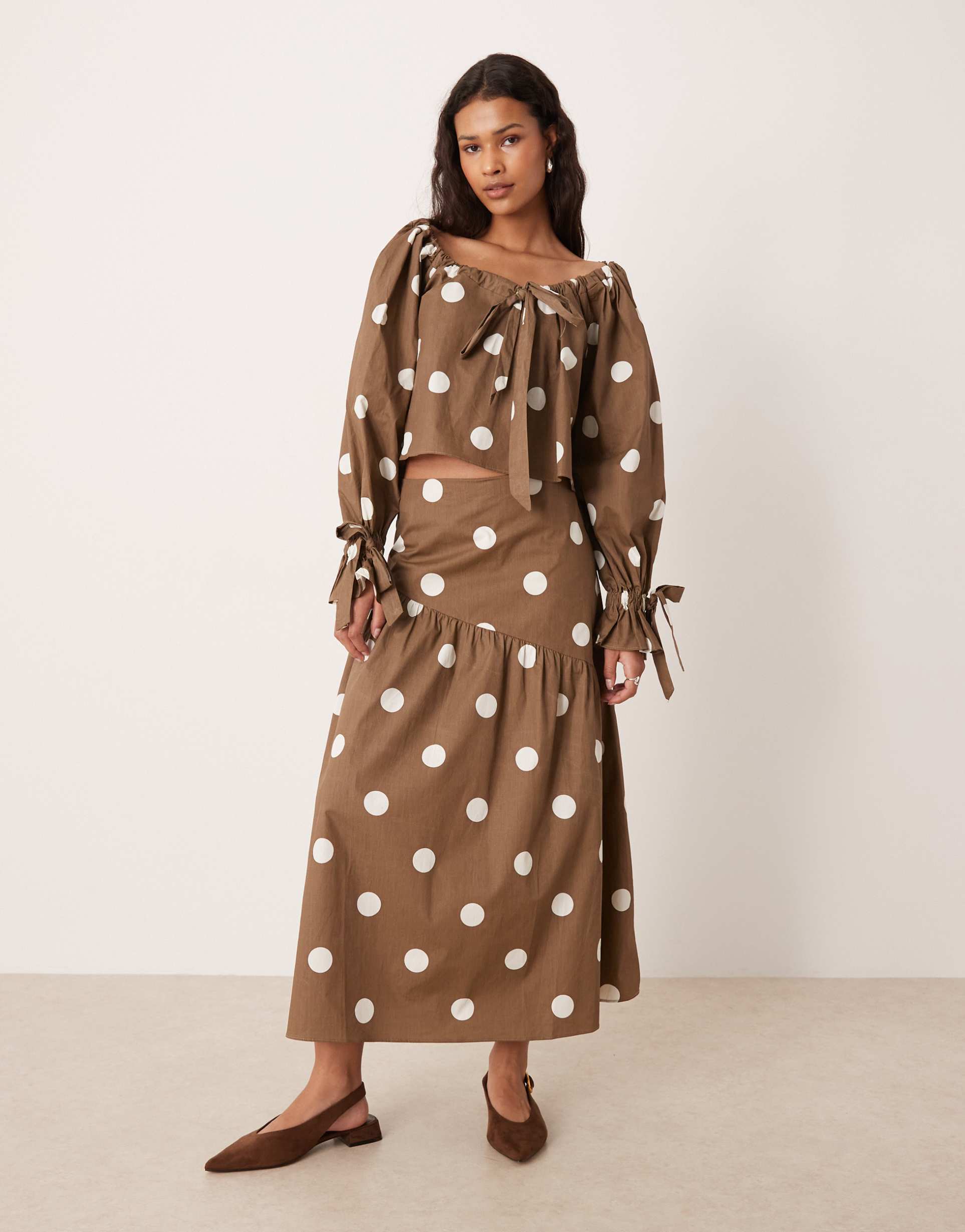 glamorous asymmetric drop waist midaxi skirt in brown polka dot - part of a set