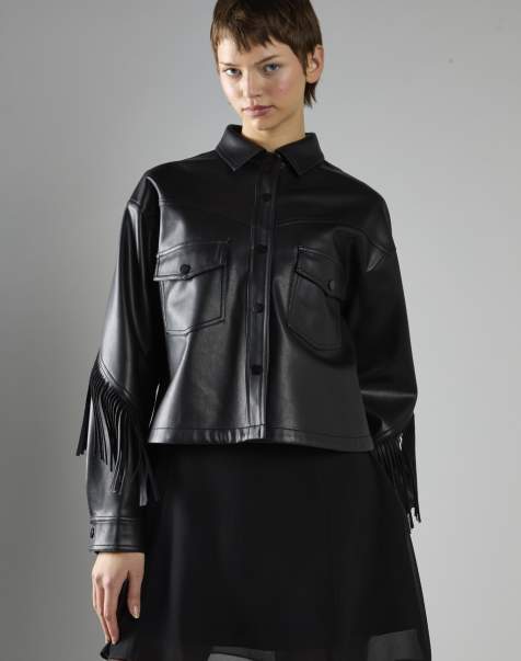 Glamorous Asymmetric fringe button-front jacket in black pu - view 1