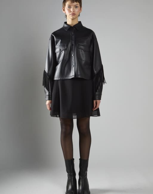 Glamorous Asymmetric fringe button-front jacket in black pu, 2 of 4