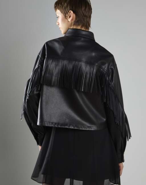Glamorous Asymmetric fringe button-front jacket in black pu, 3 of 4