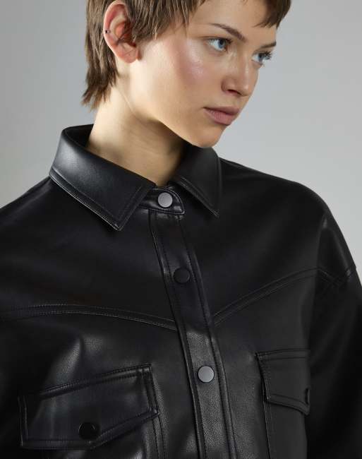 Glamorous Asymmetric fringe button-front jacket in black pu, 4 of 4