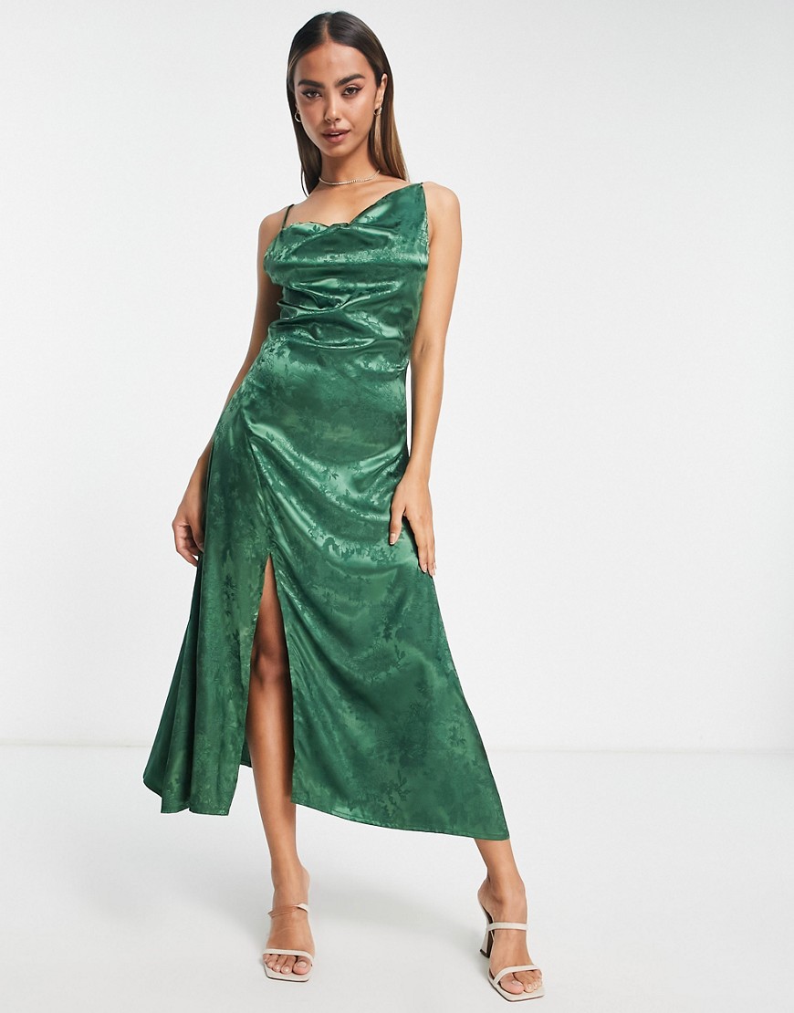 Glamorous Asymmetric Strap Midi Shift Dress In Green Jacquard