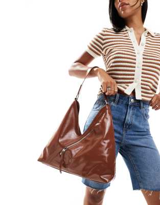 Glamorous asymmetric zip detail tote bag in chocolate brown