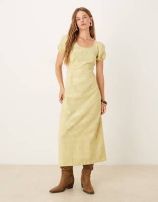 Glamorous Back cut-out puff sleeve midi dress in olive green check