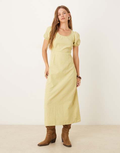 Glamorous Back cut-out puff sleeve midi dress in olive green check - view 1