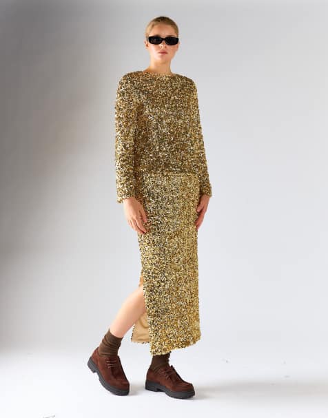 Glamorous Back-keyhole long-sleeves top in gold sequin - view 1