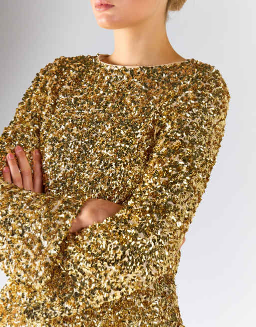 Glamorous Back-keyhole long-sleeves top in gold sequin, 3 of 4