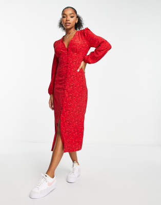 Glamorous Balloon Sleeve V Neck Midi Dress In Red Ditsy