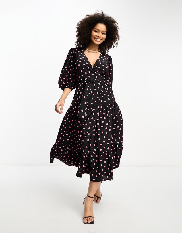 Glamorous - baloon sleeve wrap midi dress in black pink spot