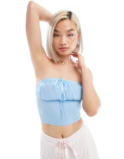 Glamorous bandeau crop top in baby blue with ribbon trim - view 1