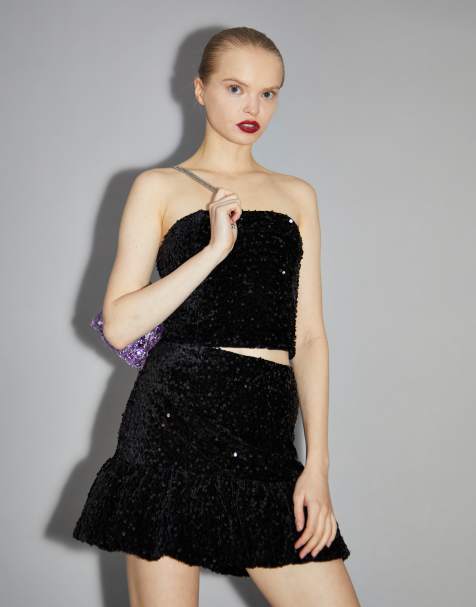 Glamorous Bandeau crop top in black velvet sequin - view 1