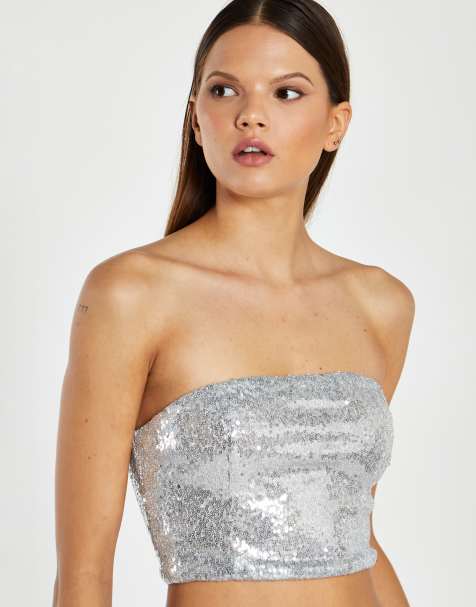 Glamorous Bandeau crop top in silver sequin - view 1