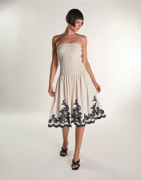 Glamorous Bandeau midi dress in cream black border - view 1