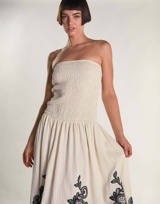 Glamorous Bandeau midi dress in cream black border, 2 of 4