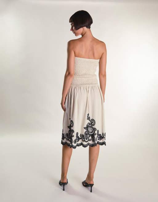 Glamorous Bandeau midi dress in cream black border, 3 of 4