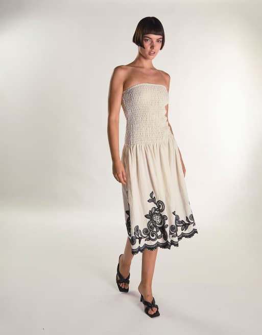 Glamorous Bandeau midi dress in cream black border, 4 of 4