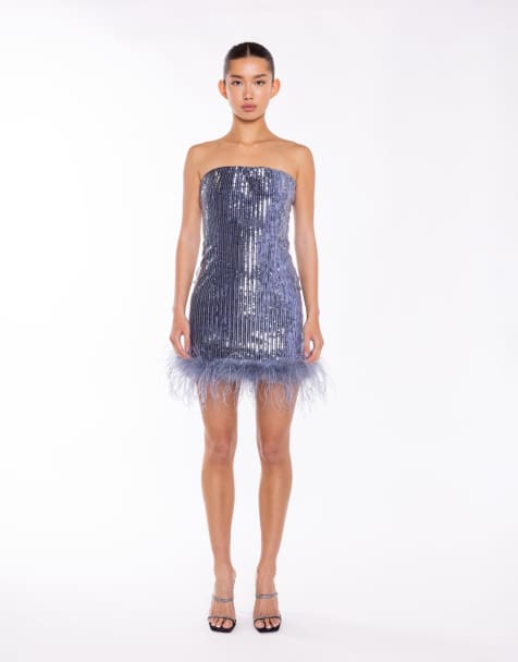 Glamorous Bandeau mini dress with feather trim hem in blue sequin