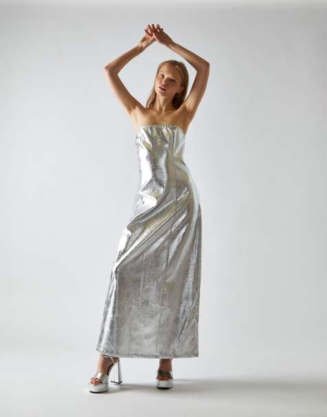 Glamorous Bandeau tailored maxi dress in silver pu