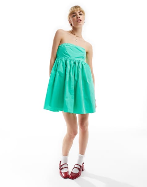 Glamorous bandeau volume mini smock dress in turquoise green - view 1