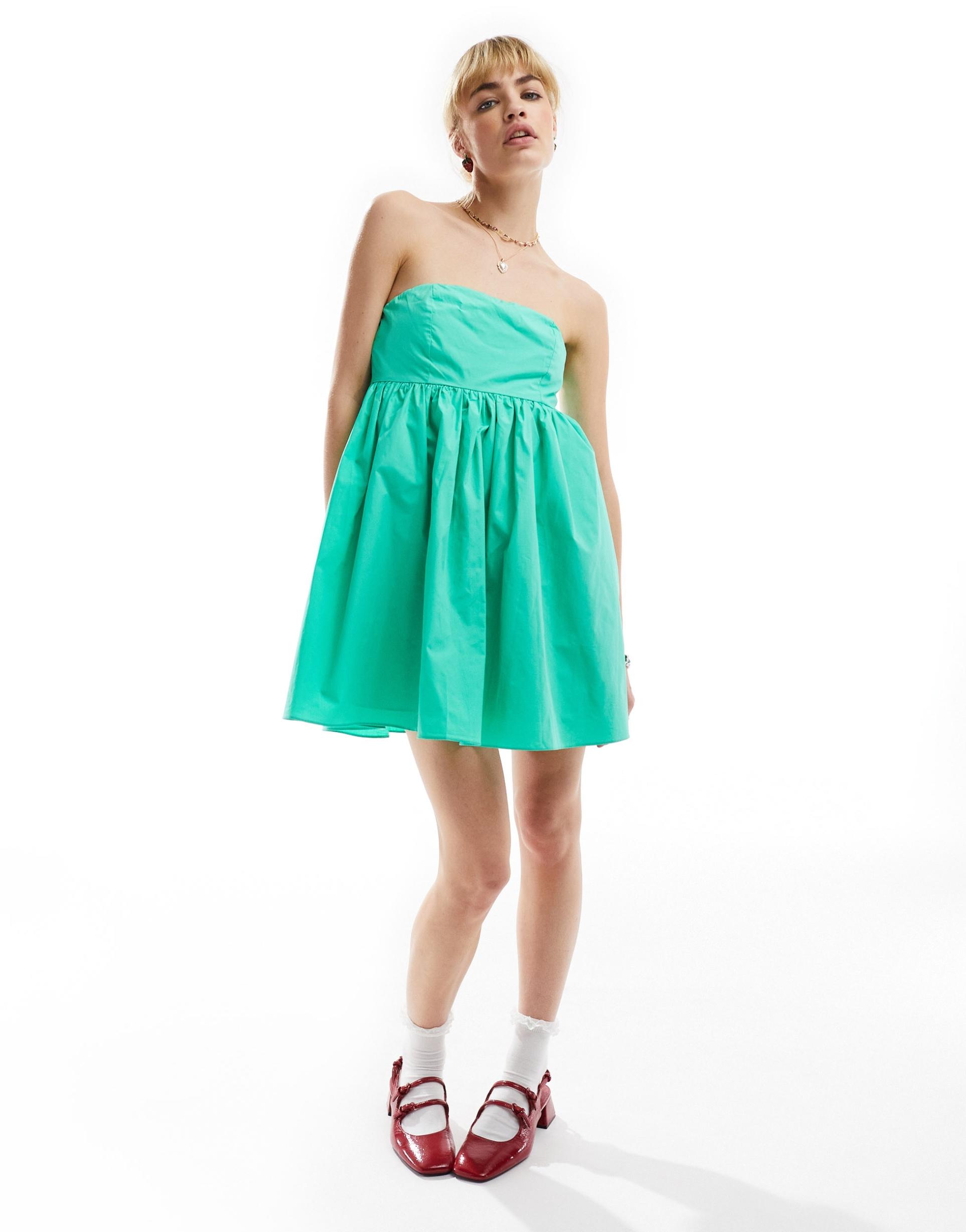 glamorous bandeau volume mini smock dress in turquoise green