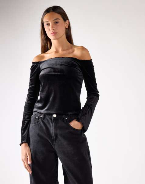 Glamorous Bardot long sleeve top in black velvet - view 1