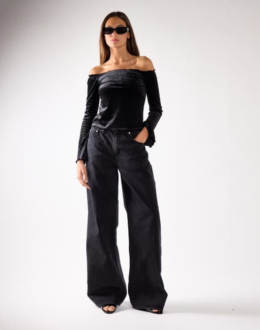 Glamorous Bardot long sleeve top in black velvet, 2 of 4