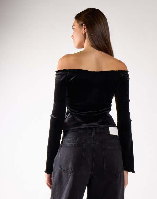 Glamorous Bardot long sleeve top in black velvet, 3 of 4