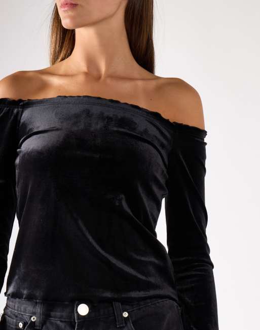 Glamorous Bardot long sleeve top in black velvet, 4 of 4
