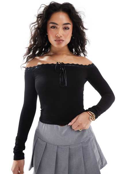 Glamorous bardot long sleeve top in black
