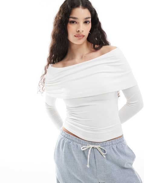 Glamorous bardot long sleeve top in white rib