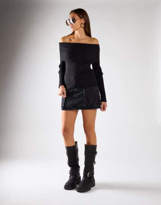 Glamorous Bardot off shoulder jumper in black, 3 of 4