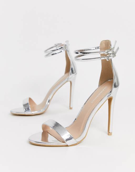 Glamorous silver mirror 2025 barely there heeled sandal