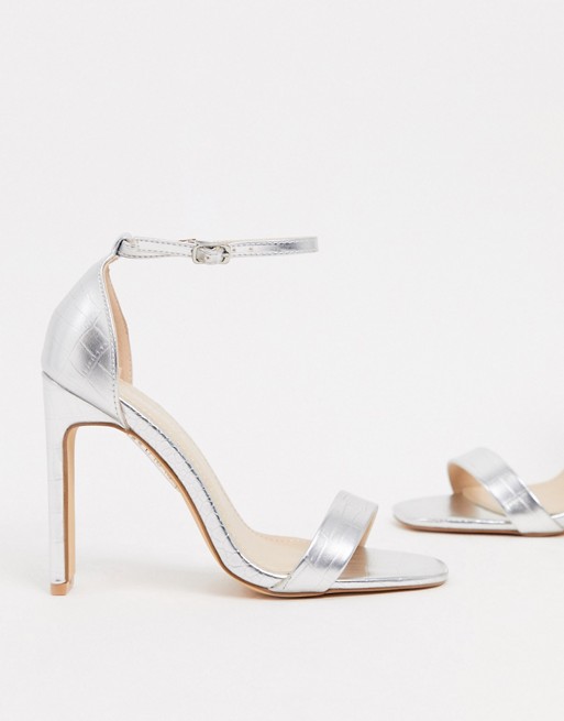 Glamorous barely there sandals with set back heel in silver croc